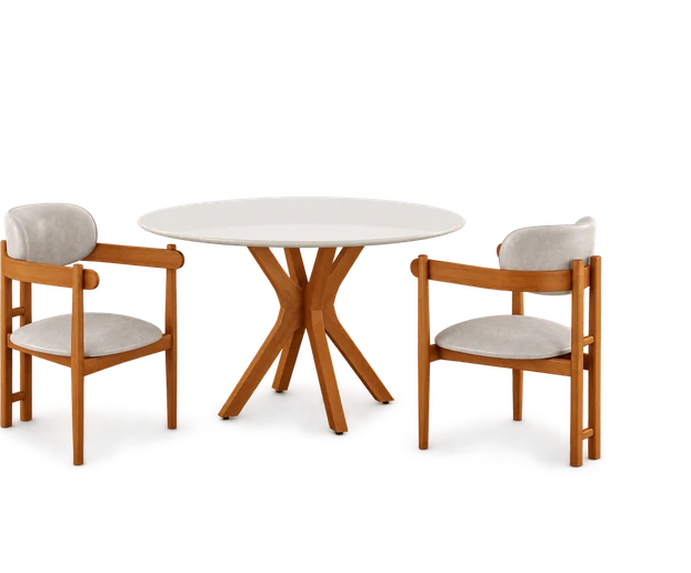 Conjunto Genebra + Serena: mesa redonda com base geométrica e duas cadeiras estofadas em bouclê claro.