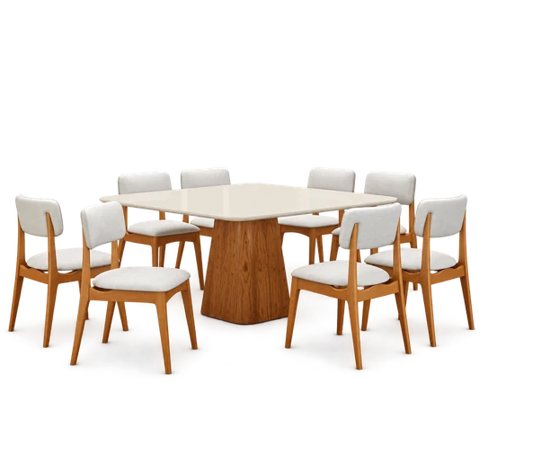 Conjunto Santiago + Elisa: mesa quadrada com base em madeira maciça e oito cadeiras estofadas claras.
