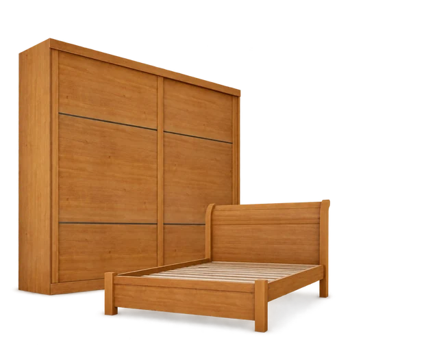 Dormitório Trancoso: guarda-roupa de portas de correr e cama de casal com cabeceira em madeira.