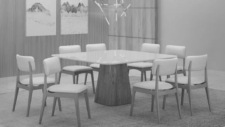 Sala de jantar com mesa retangular de tampo claro, oito cadeiras estofadas e tapete.