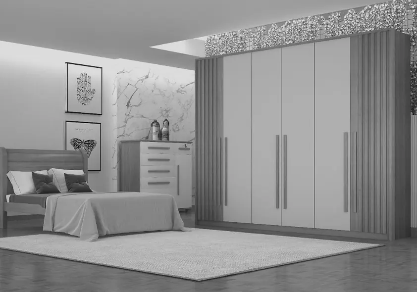 Dormitório com cama, cômoda e guarda-roupa de portas claras com frisos em madeira.