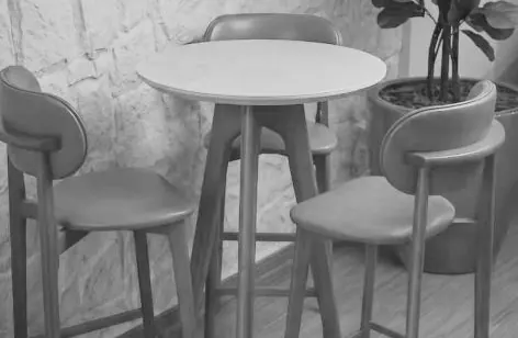 Mesa alta redonda com banquetas estofadas e uma planta ao fundo.